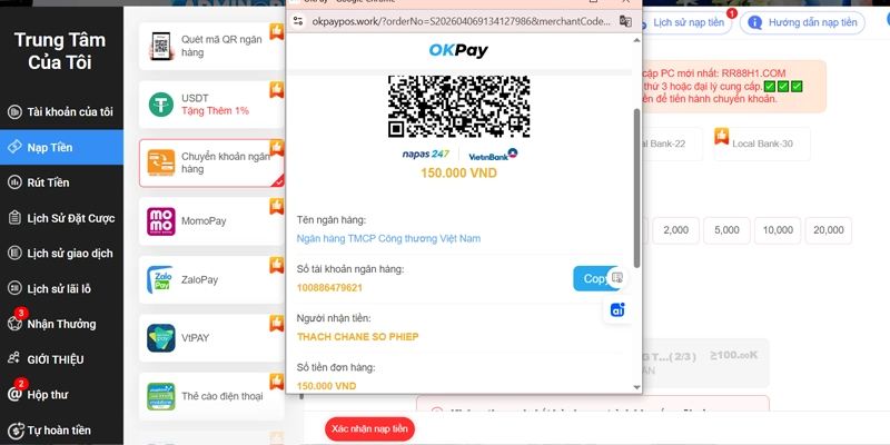 Nạp Tiền RR88 - Hướng Dẫn Thao Tác Với 5 Hình Thức Hiện Có 15 Mã QR và thông tin tài khoản hiện ra