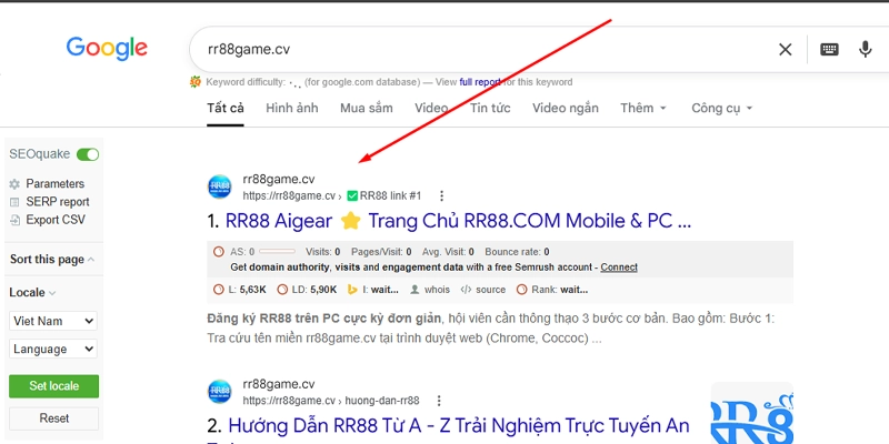 Seacrh rr88game.cv tại google chrome